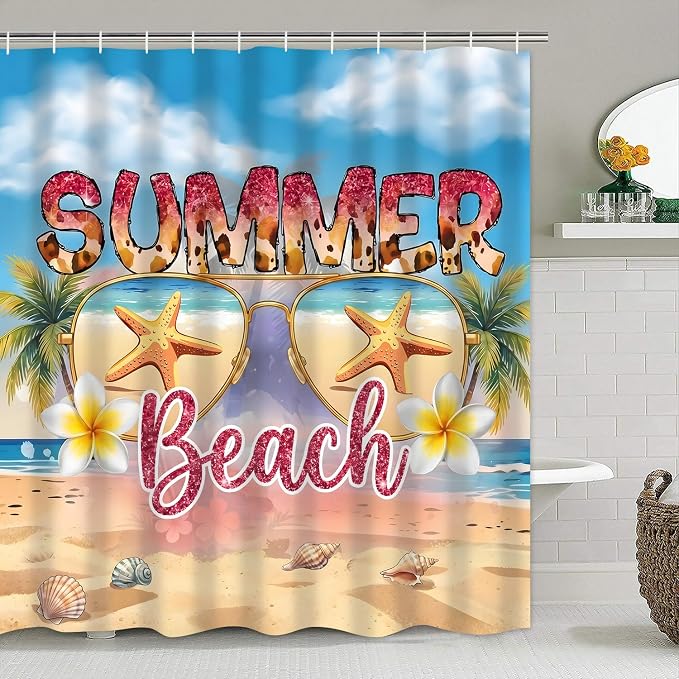 LQCOOL Beach Scene Shower Curtain Set 4Pcs Summery Bathroom Sets with Rugs Waterproof Shower Curtain with 12 Hooks for Bathroom Decor | Waterproof Polyester & Soft Flannel.12 Hooks,Toilet Lid Cover & U-Shaped Mat with Beach Scene for Bathroom