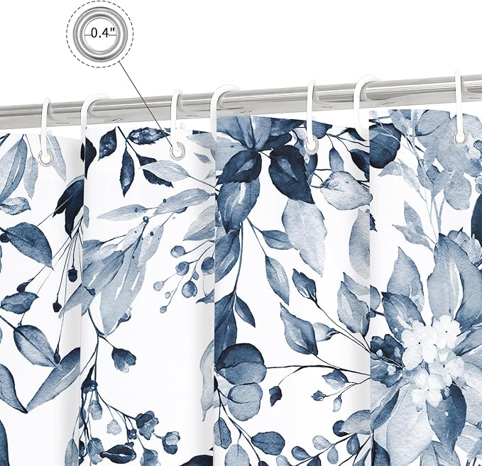 Navy Eucalyptus Shower Curtain, Watercolor Floral Print, 60x72 | Watercolor Plant Leaves Floral Print, Waterproof Fabric Bathroom Decor, Machine Washable, Rustproof Grommets