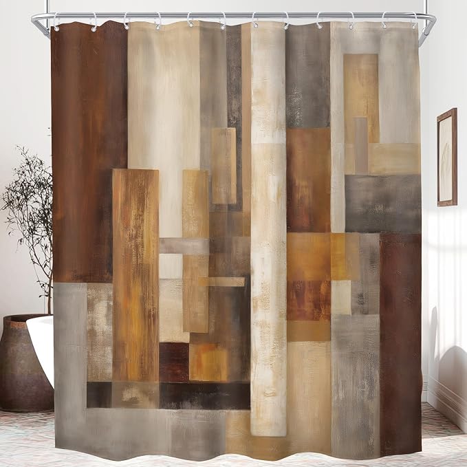 Extra Long Brown Abstract Wood Block Geometric Bathroom Shower Curtain Set | 72Wx84H Rust Farm design, waterproof HD print with fast-drying fabric and 12 hooks.