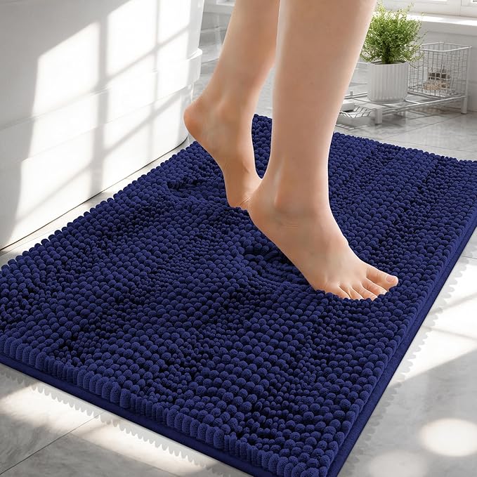 OLANLY Small Bathroom Rugs 24x16, Chenille Bath Rugs, Twilight Sapphire | Rubber Backing, Machine Wash, Extra Absorbent Striped Bath Mats for Bathroom Floor, Tub and Shower, Home Decor Accessories
