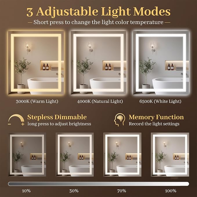 LED Bathroom Mirror with Lights 24"x32", Wall-Mounted Vanity Mirrors Front & Backlit Light Control Stepless Dimmable Anti-Fog Memory 3 Color Temperatures Shatter-Proof Tempered Glass