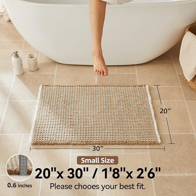 Triohero Waffle Bath Mat, Boho Bathroom Rugs Non Slip Washable, Ultra Soft Super Absorbent Quick Dry Farmhouse Bathroom Decor, 20" x 30", Khaki & White