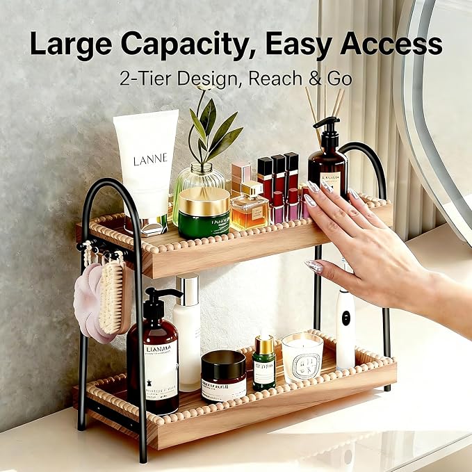 Bathroom Organizer Countertop Tall 2-Tier Waterproof 20+ Bottles 8 Hooks | Tall design for family bathroom/vanity, fits tall perfume/skincare, paulownia wood shelf, 8 hooks keep jewelry tidy, non-slip