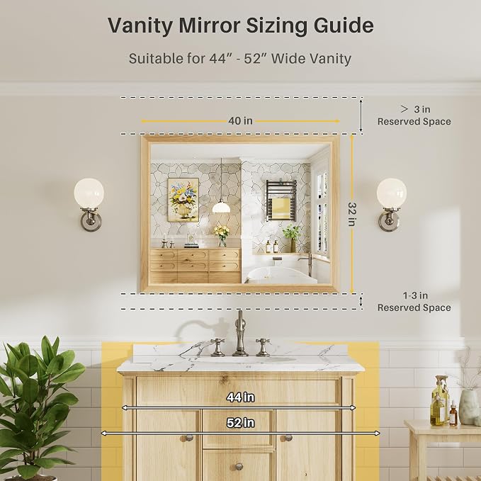 40x32 Inch Bathroom Mirror for Wall, Anti-Rust Oak Wood Grain Metal Framed Bathroom Mirrors for Over Sink,Rectangler Mirrors for Bathroom Vanity, Farmhouse, Bedroom, Living Room, Entryway Decor