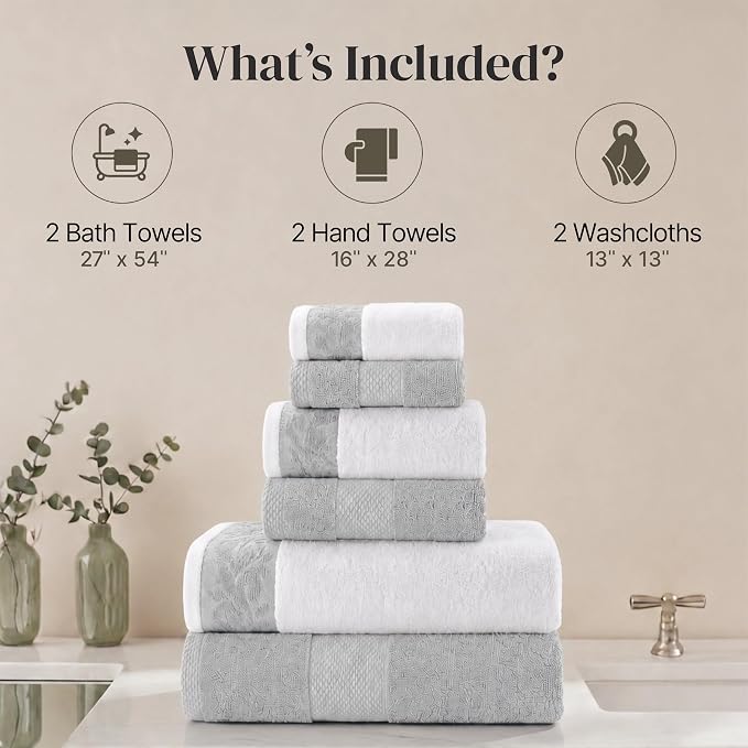 Modern Threads 600 GSM 6-Piece Towel Set with Filgree Jacquard Border, Silver