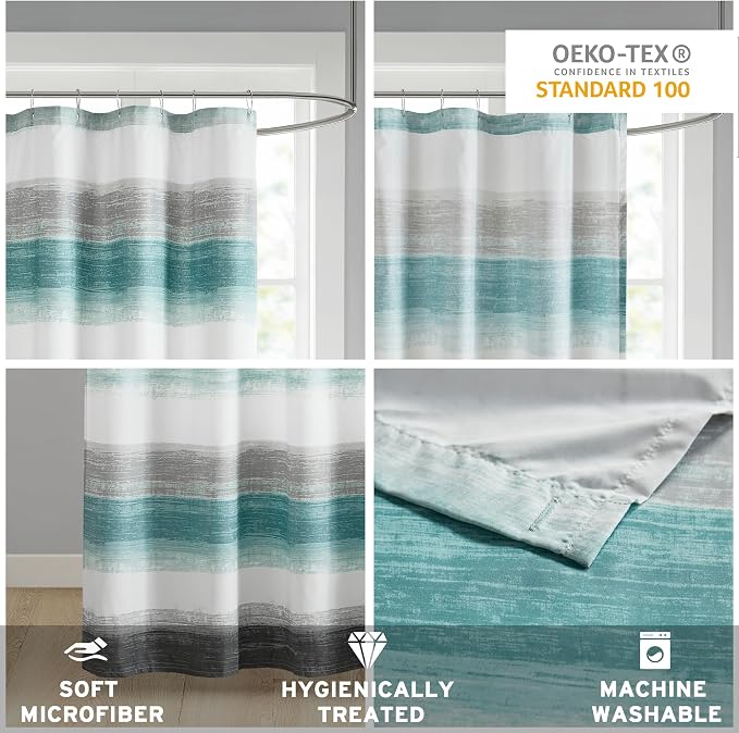 Madison Park Saben Shower Curtain for Bathroom, 72 x 72, Aqua/Grey | Ultra Soft, Microfiber, Adds Privacy, Machine Washable, Striped Pattern, OEKO-TEX Certified