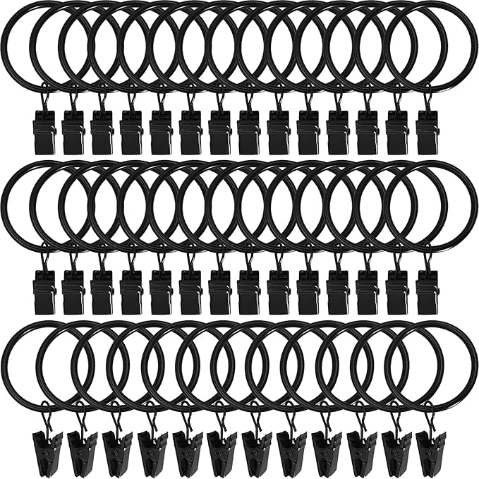 LLPJS 40 Pack Metal Curtain Rings with Clips, Curtain Clip Rings Hooks for Hanging Drapery Drapes Bows, Curtain Rod Rings 1.5 inch Interior Diameter, Black