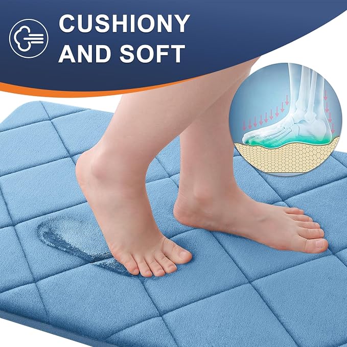 OLANLY Memory Foam Bath Mat 47x20, Ultra Soft and Absorbent Bathroom Rugs | Blue, Quick Dry, Machine Washable Shower Bath Rugs, Comfortable Bath Carpet for Bathroom Floor, Tub and Shower