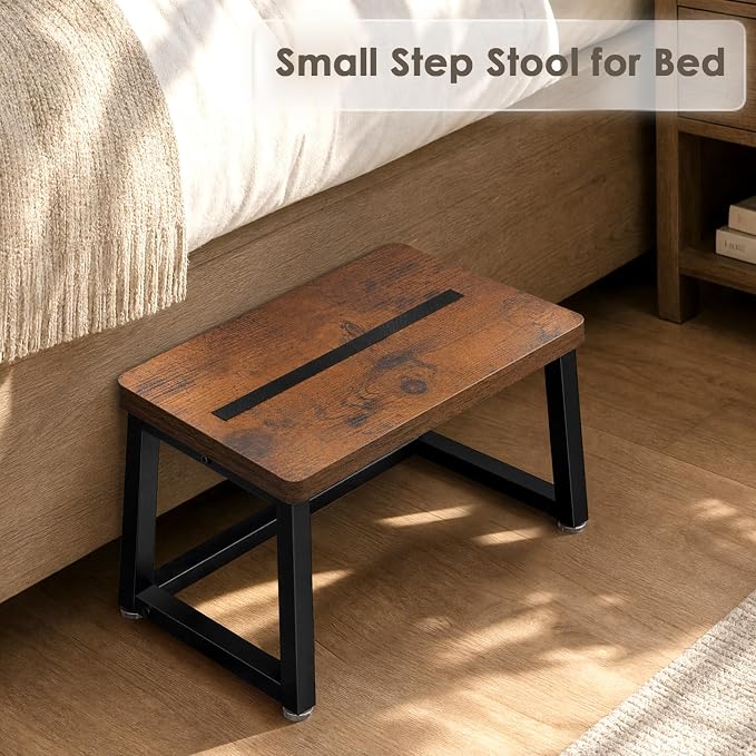 Wooden Step Stool for Adults Small Bed Step Stool with 500LB, Brown | Small Step Stool, Heavy Duty, Non Slip, Anti Tipping, Adjustable Feet, Foot Stool for Kitchen Bedroom Bathroom Living Room