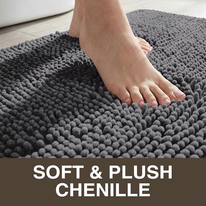 Neater Home Plush Bathroom Rugs 24x17 Thick Chenille Quick Dry Microfiber Absorbent Bath Mat, Soft Bath Rugs, Machine Washable Bathroom Floor Mat for Tub Shower Sink, Home Decor Accessories, Charcoal