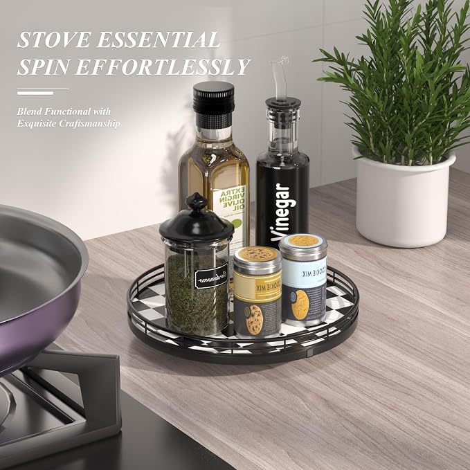 AMH 10-Inch Black and White Checkerboard Lazy Susan with Oak Base | Smooth rotating oak tray with walnut finish for dining tables, kitchen counters, pantries and cabinet storage.