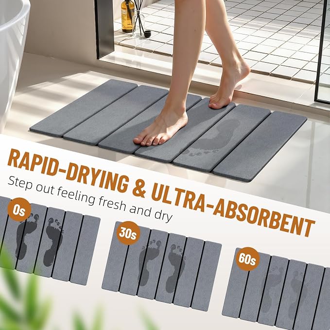 Luxspire Stone Bath Mat, Diatomaceous Earth Bath Mat 24x16 in, Dark Gray | Quick & fast drying diatomaceous earth, Non-slip rubber base, Easy-clean surface for bathroom floor & outside shower
