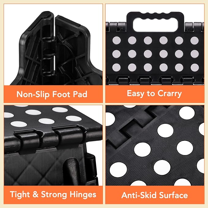 9 Inch Folding Step Stool, 15 Inch Extra-Wide, 300 lbs, Black | Non-Slip Heavy Duty Foldable Step Stool for Kids and Adults, Extra-Wide for Comfort and Stability, for Bathroom and Kitchen