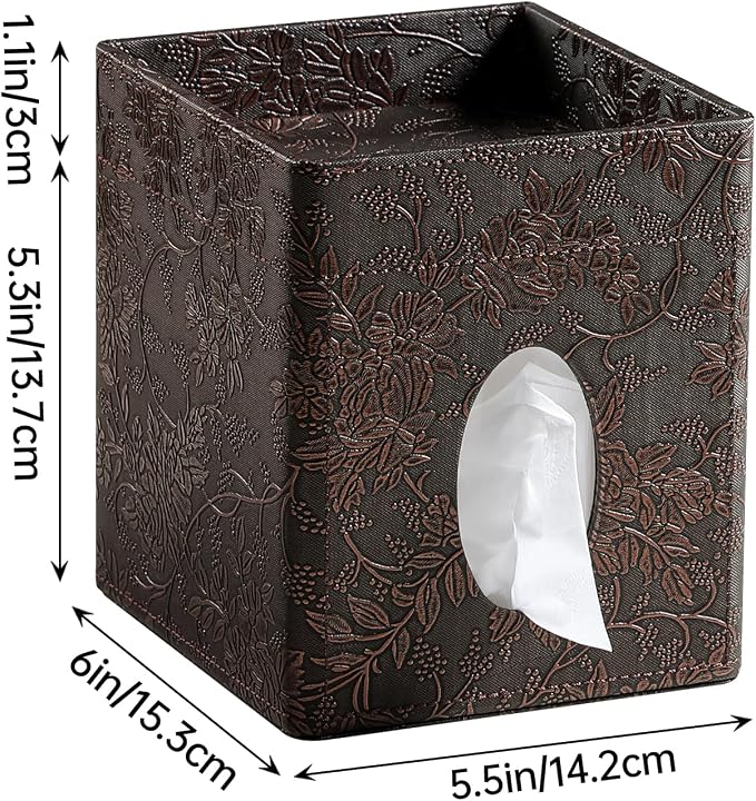 Square Tissue Box Cover, Stylish Leather Tissue Box Holder with Magnetic Bottom, Used As A Decorative Tissue Holder for Living Rooms, (Beige Woven Pattern) (Two-Layer Brown Grape Pattern)