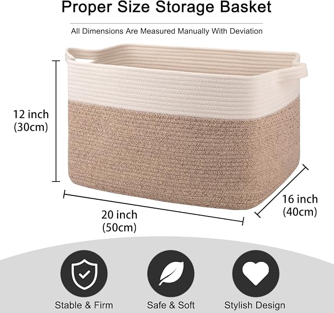 OIAHOMY Large Blanket Basket, 65L Cotton Rope Woven Laundry Basket, Toy Bin for Baby Room, Container for Blanket Storage in Living Room, 20''×16''×12'', Brown & White