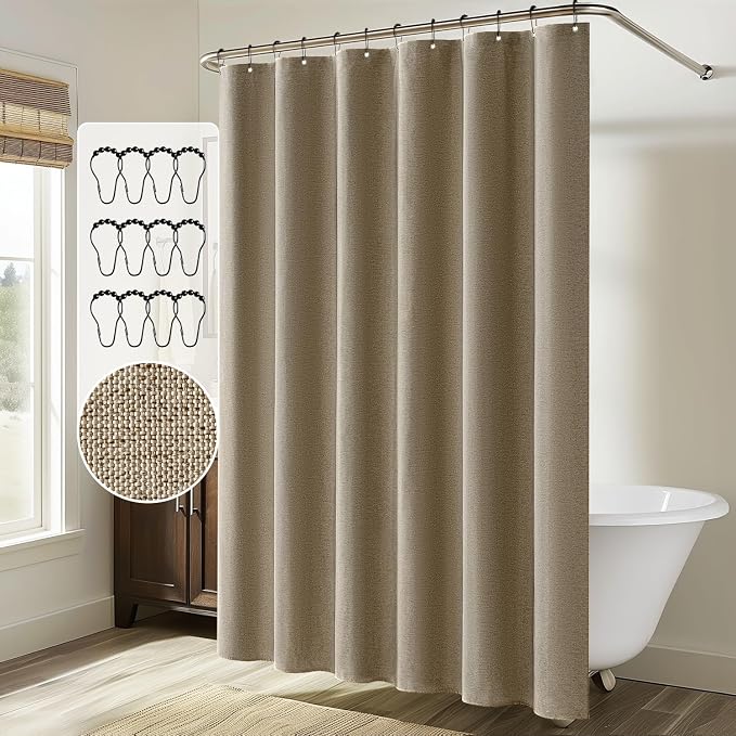 MIULEE Linen Fabric Shower Curtain Khaki W72*L72 12 Metal Hooks | Modern, Heavy Duty, Shower Curtain Set, Waterproof Thick Cloth Shower Curtains, Bathroom Hotel Bathtub, Washable