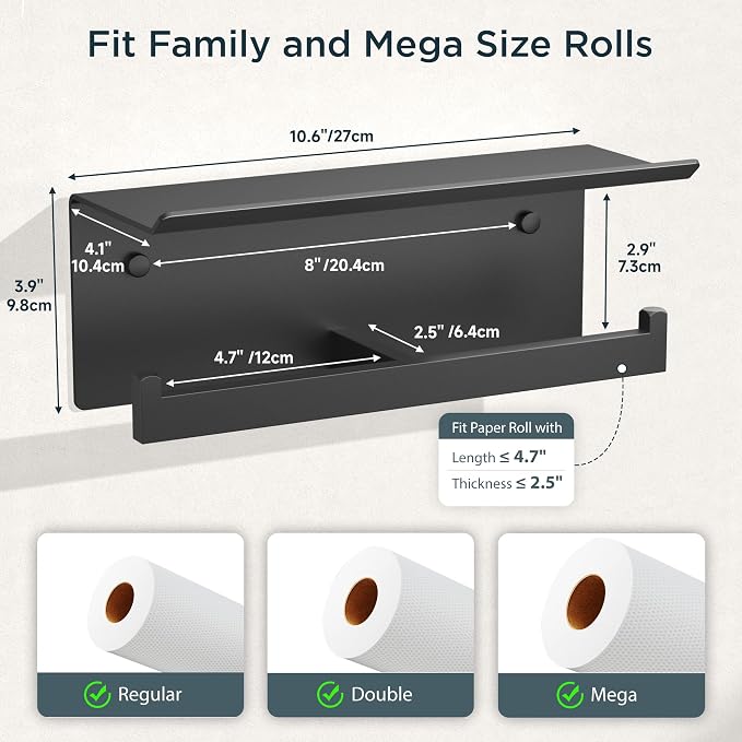 FORIOUS Toilet Paper Holder with Shelf, Commercial Toilet Paper Dispenser | Matte Black 2 Pack | SUS304 Stainless Steel Wall Mount Double Bathroom Tissue Roll Holder for Hotel, Apartments, etc