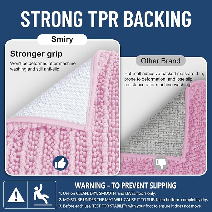 Smiry Bathroom Rugs 24X16, Extra Soft Rubber Backing Chenille Bath Mats | Pink Machine Washable Non Slip Quick Dry Bath Mats for Bathroom Floor, Tub, Shower, Home Decor Accessories