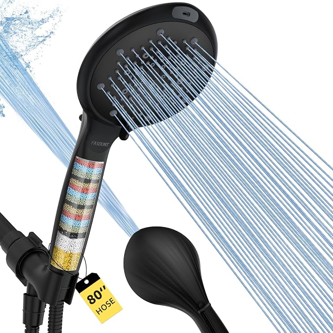 Filtered Shower Head with Handheld, High Pressure 8 Sprays, Black | 80" Long Stainless Hose, Built-in Power Wash, Water Softener Filter Beads for Hard Water - Remove Chlorine, Reduce Dry Skin