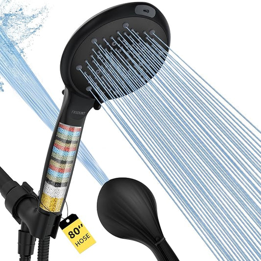 Filtered Shower Head with Handheld, High Pressure 8 Sprays, Black | 80" Long Stainless Hose, Built-in Power Wash, Water Softener Filter Beads for Hard Water - Remove Chlorine, Reduce Dry Skin