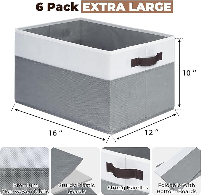 6 Pack Clothes Bins for Organization - 16x12 Extra Large Storage Baskets for Shelves Closet Bedroom - Toy Storage Organizer Bins Boxes Cubes for Nursery - RV Apartment Essentials