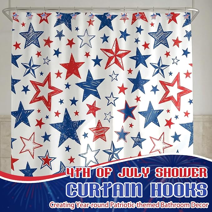 Yaocom 12 Pcs Patriotic Star Shower Curtain Hooks, 4th of July | American Flag Resin Hooks, Rings for Independence Day Bathroom Decor, Fits Standard Shower Rods, 250th Anniversary USA