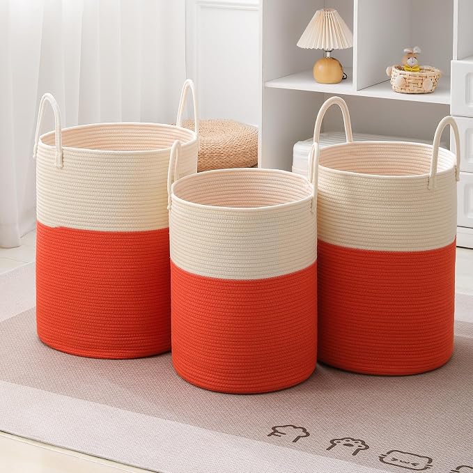 Woven Laundry Hamper Tall Rope Storage Basket for Blanket oys Dirty Clothes in Living Room Bathroom Bedroom (White&Orange, 60L/15.8Gal)