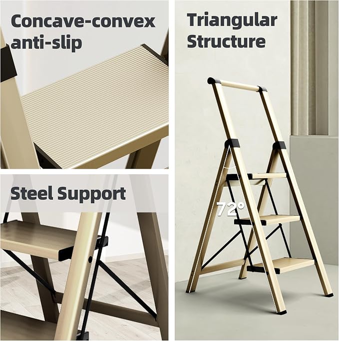 HillhutApex Aluminum 3 Step Ladder, Step Stool Foldable Ladder(Gold) | Stepladder with Handgrip,Anti-Slip Pedals,330lbs Capacity,Lightweight Folding Ladder for Home,Office,Libaray