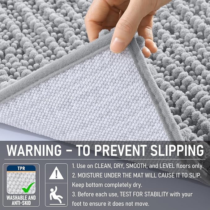 OLANLY Bathroom Runner Rugs 70x24, Thick Soft Absorbent Chenille Bath Rugs | Light Grey, Quick-Drying Rubber Backing, Long Shaggy Bath Mat, Washable for Floor, Tub and Shower, Home Decor Accessories