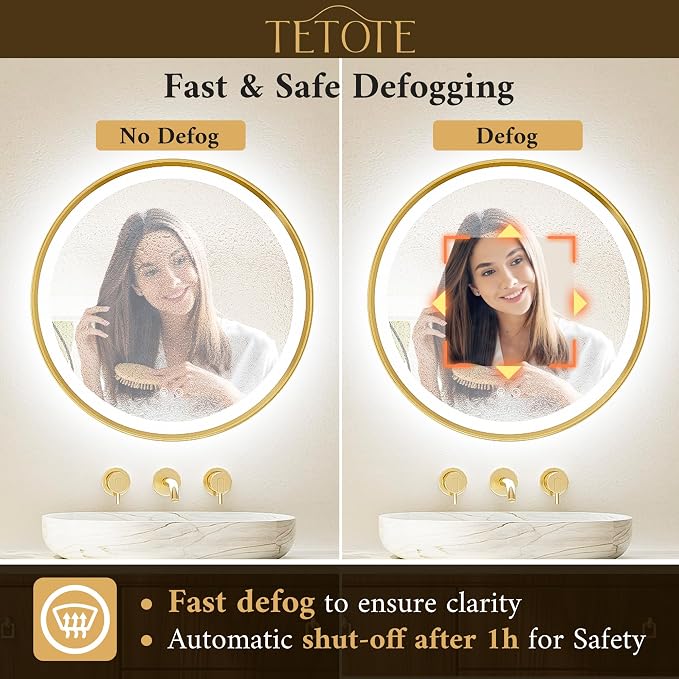 Gold Round Led Mirror with Lights 24 Inch Metal Framed Round Circle Lighted Bathroom Vanity Mirror Wall Mounted, Front and Backlit 3 Color Stepless Dimmable Anti Fog, Shatterproof, CRI 90+