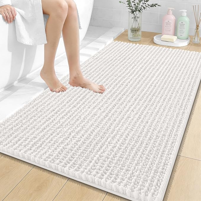 OLANLY Large Bathroom Rugs 44x32, Thick Soft Absorbent Chenille Bath Rugs | Ivory, Quick-Drying Rubber Backing, Shaggy Bath Mat, Machine Washable for Floor, Tub and Shower, Home Decor Accessories