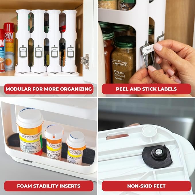 Spice Rack Organizer for Cabinet, Pull & Rotate, 2-Tier | Double-Decker Shelves, 10.8"H x 5.25"W x 10.8"D, Modular Side-By-Side, Non-Skid Feet, Stick-On Labels, Sturdy Build