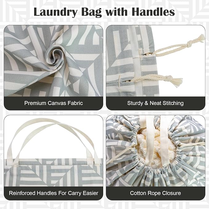 Canvas Laundry Bag with Handles & Drawstring 30"Wx35"H, L+ Geometry Gray | Thick Canvas Storage Bag, Large Heavy Duty Washable Dirty Clothes Travel Sack, for Camp, College Dorm, Laundromat, 1 Pack