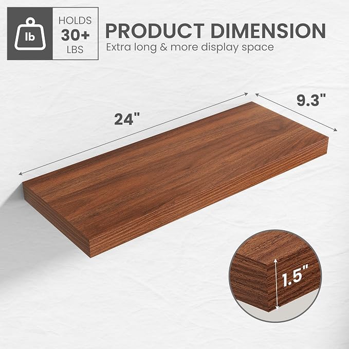 24 in Floating Shelves for Wall Decor Color Walnut,Pack 2 | Modern floating shelves for living room,bedroom,kitchen and bath.Organize & display books,photos and decor.easy mount,sturdy.