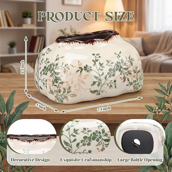 Yalikop Vintage Ceramic Tissue Holder Tissue Box Cover,Blossoms | Floral Retro Rustic Farmhouse Home Decor for Bathroom Vanity Table Living Room Bedroom Kitchen Office