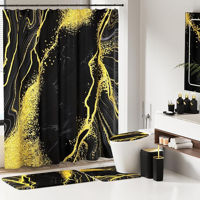 21PCS Bathroom Sets with Shower Curtain and Rugs Bathroom Accessories Set Black Bathroom Set Complete with Trash Can, Toilet Brush, Qtip Holder & 3PCS Soap Dispenser