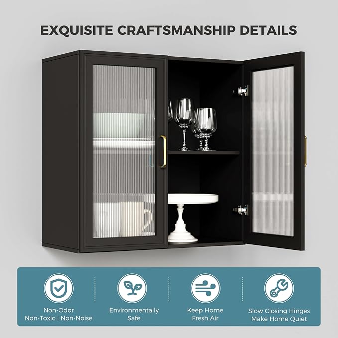 24”W Wall Cabinet with Acrylic Glass Doors Set of 2, Kitchen Wall Cabinets with Adjustable Shelf, Laundry Room Wall Mounted Cabinet, Bathroom Wall Cabinet with Light(Black)