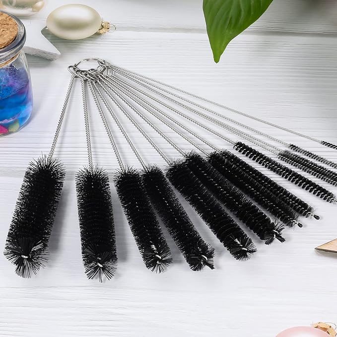 CiaraQ Bottle Cleaning Brushes, 8 Inch Nylon Tube Brush Set | Black Cleaner for Narrow Neck Bottles Cups with Hook, Set of 13pcs