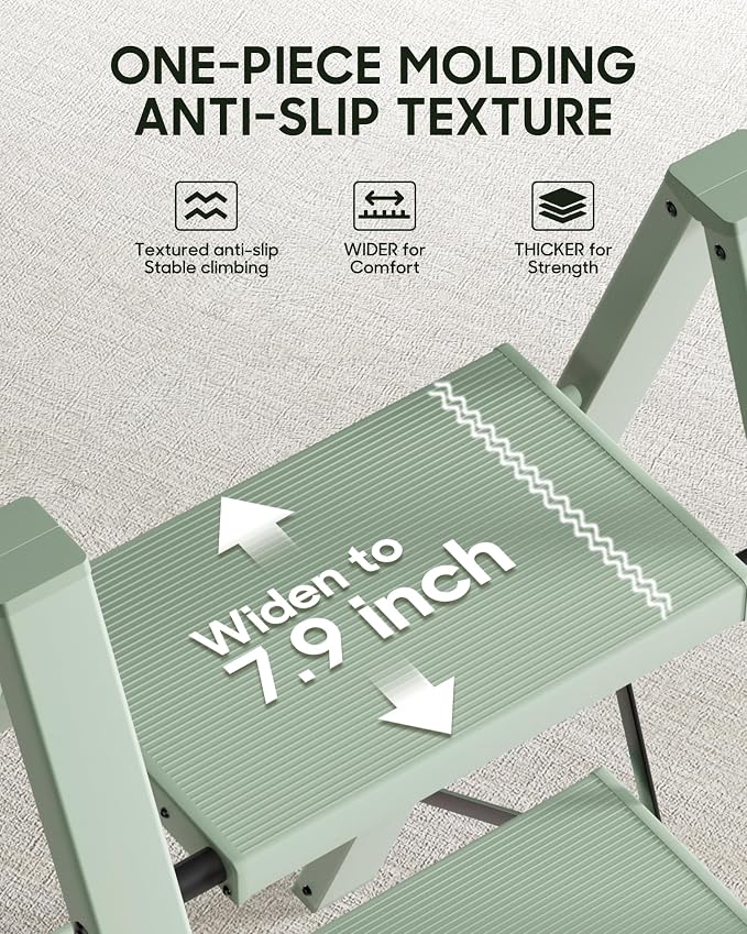 HillhutApex Aluminum Step Stool Foldable,3 Step Ladder (Pale Green) | Lightweight Portable step ladder with Anti-Slip Wide Pedal,330lbs Capacity Ladder for Household,Office,Kitchen