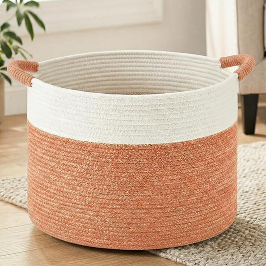 Artfeel 70L Large Cotton Rope Basket, Decorative Woven Blanket Storage for Living Room, Boho Toy Storage & Toy Box for Kids, Versatile Laundry Basket & Nursery Hamper for Blankets(Orange)
