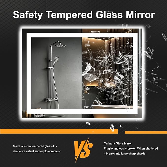 32x24 LED Bathroom Mirror with Lights, Lighted Vanity Mirror for Wall | Front and Backlit, Anti Fog, Dimmable 3 Color Lighting, Memory Function, Shatter Resistant Glass, Plug in or Hardwired