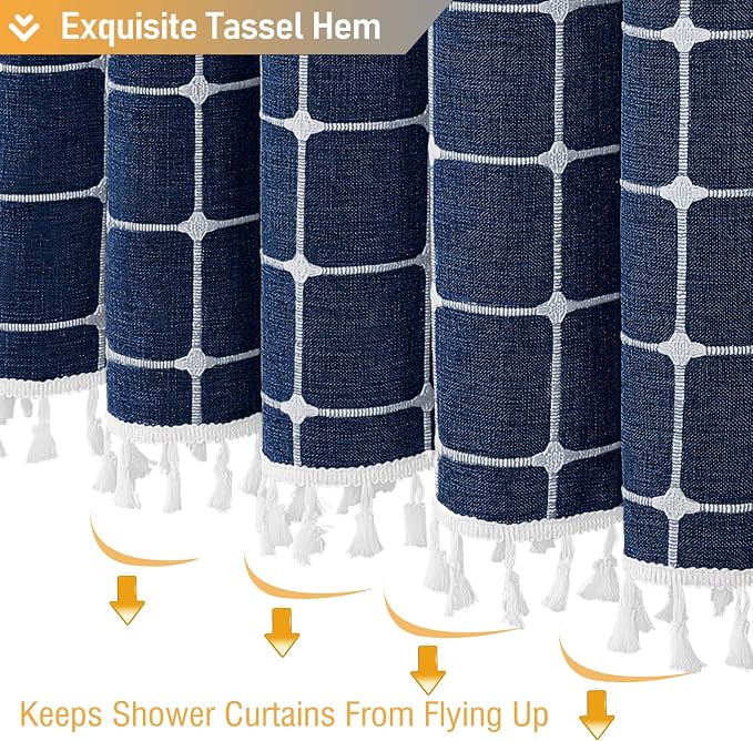 Navy Blue Boho Farmhouse Linen Heavy Duty Shower Curtain Set, 72x72 | 330GSM Linen Blend, Classic Plaid, 3-side Tassels, Water Repellent Fabric, 12 Plastic Hook, Rustic Bohemian, Machine Washable