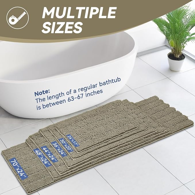 Bcoimo Bath Rug Mat,48x24 High Absorbent Latte Long Bathroom Runner Rugs | No Slip with Rubber Back Chenille Bathroom Mats For Floor,Tub,Shower; Extra Soft, Quick Dry Microfiber mats; Machine Washable