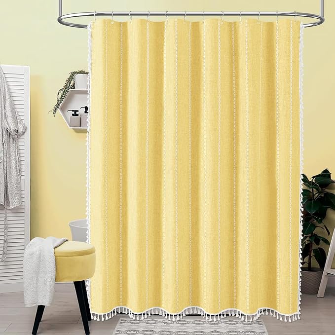 72x78 Long Boho Farmhouse Linen Heavy Duty Shower Curtain Set, Yellow | Tall Size, 330GSM Linen Blend, Water Repellent, Vintage Striped Fabric, 12 Plastic Hooks, Rustic Country, Machine Washable