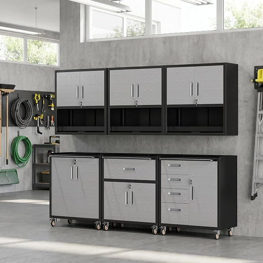 Garage Storage Cabinet System,Wall Cabinet & Locking Rolling Tool Cabinet with Doors and Adjustable Shelves