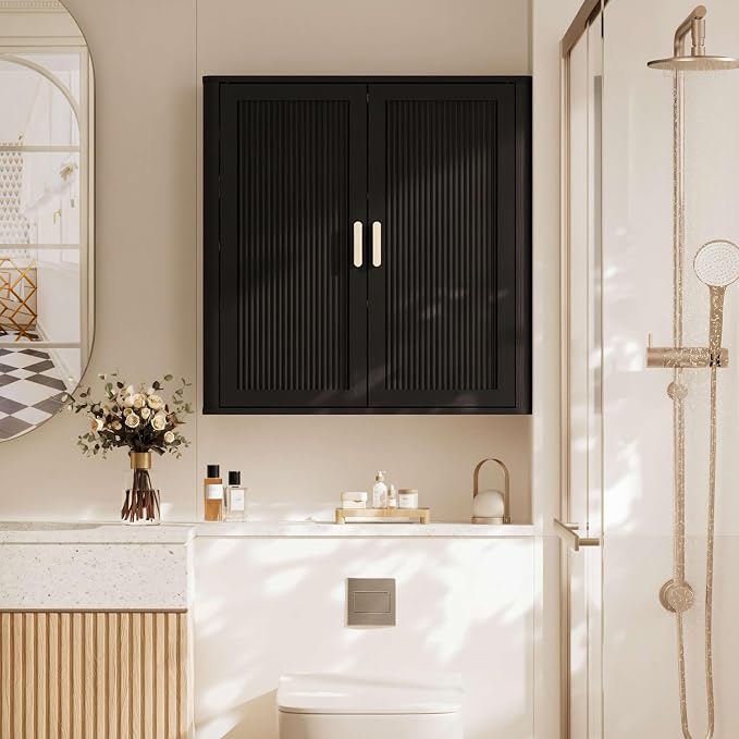 Bathroom Storage Cabinet, Over The Toilet Storage Cabinet, Medicine Cabinet with Adjustable Wood Shelf & Doors for Laundry Room & Kitchen & Living Room(Black)