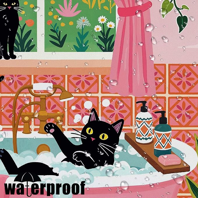 Accnicc Funny Cat Shower Curtain for Bathroom 72 X 84 Inches | Boho Cute Fun Black Cats Extra Long Shower Curtains, Tropical Plant Pink Bathroom Decor, Water-Resistant Washable Polyester