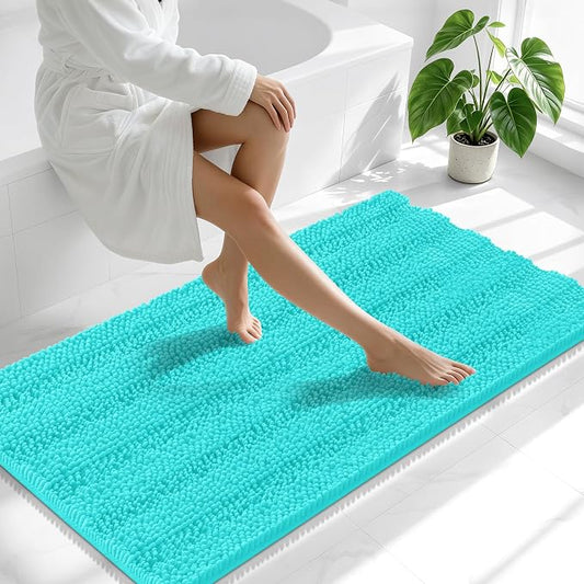 Smiry Thick Chenille Bathroom Runner Rugs 59x20, Absorbent Bath Mat, Teal | Quick‑Dry & Machine Washable, Non‑Slip Bath Carpet, Soft Striped Bath Rugs for Tub & Shower, Modern Home Decor Accessories