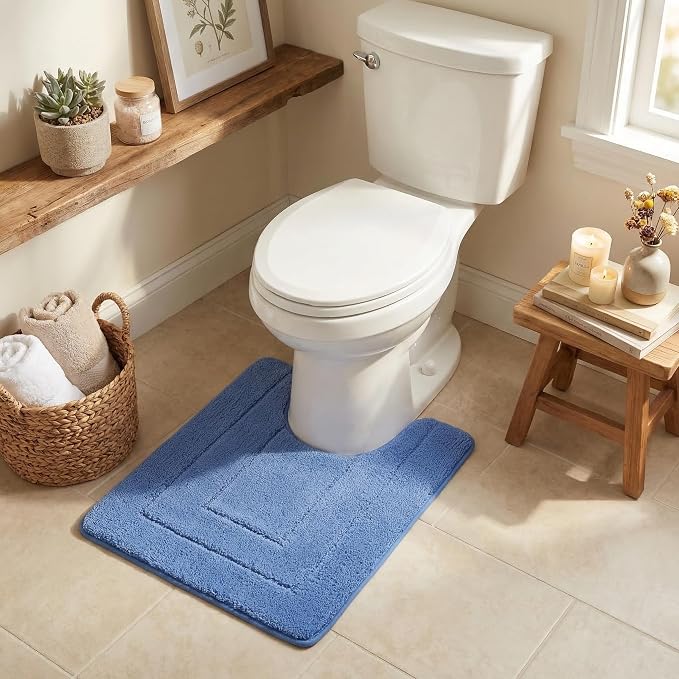 GRANNY SAYS Blue U Shaped Toilet Rug 20" x 24", Non-Slip Bath Mat | Soft microfiber, TPR backing, absorbs water quickly, machine washable, fits around most standard toilet bases