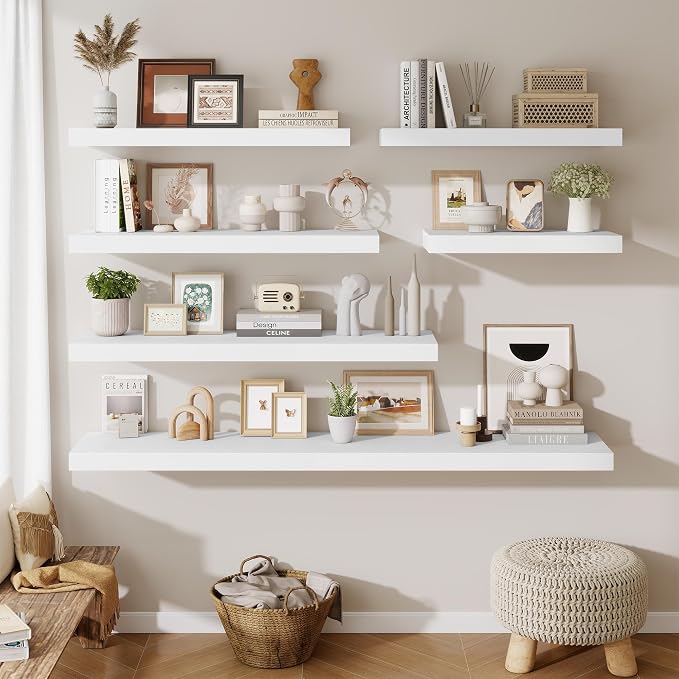 Fun Memories Floating Shelves for Wall 12 Inch, 12 Inch Deep Square Wall Shelves, Bathroom Storage Shelves Over Toilet, Wood Floating Shelves for Living Room Bedroom, White, Set of 2